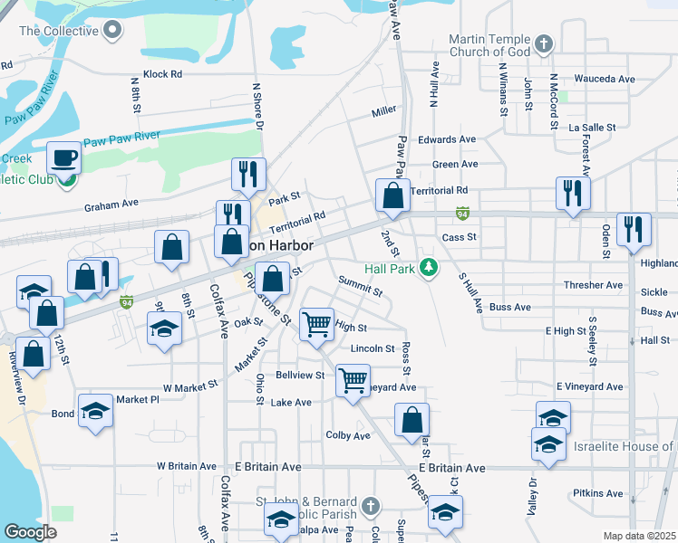 map of restaurants, bars, coffee shops, grocery stores, and more near 315 Summit Street in Benton Harbor
