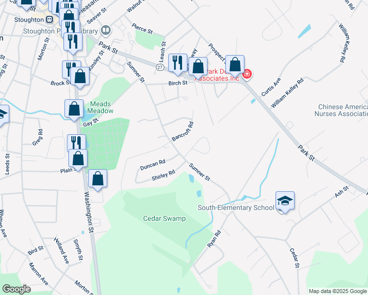map of restaurants, bars, coffee shops, grocery stores, and more near 267 Sumner Street in Stoughton