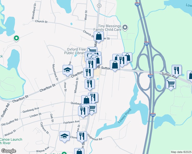 map of restaurants, bars, coffee shops, grocery stores, and more near 286 Main Street in Oxford