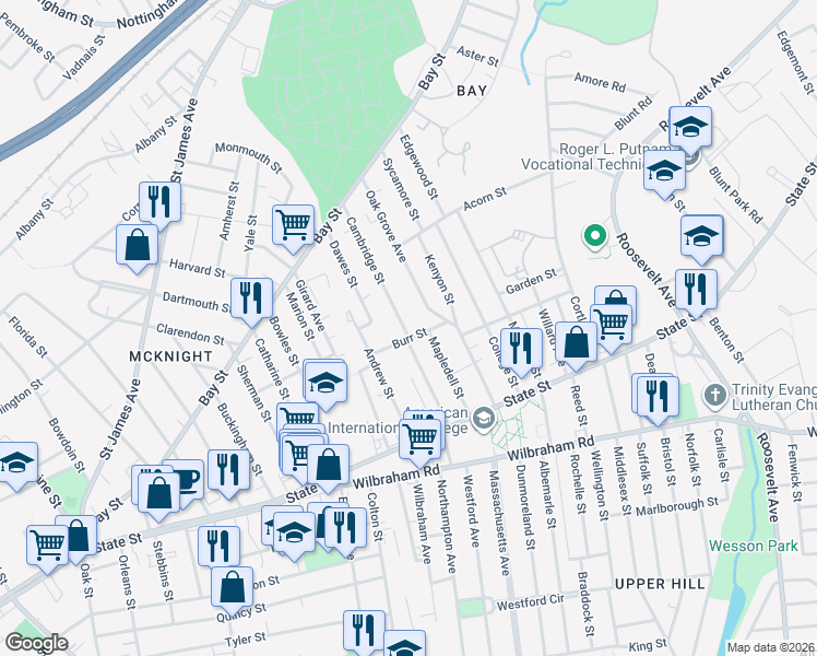 map of restaurants, bars, coffee shops, grocery stores, and more near 57 Mapledell Street in Springfield