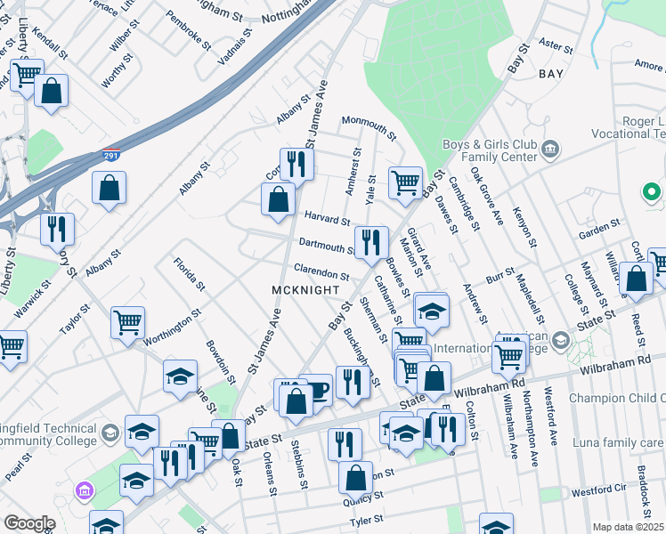 map of restaurants, bars, coffee shops, grocery stores, and more near 52 Clarendon Street in Springfield