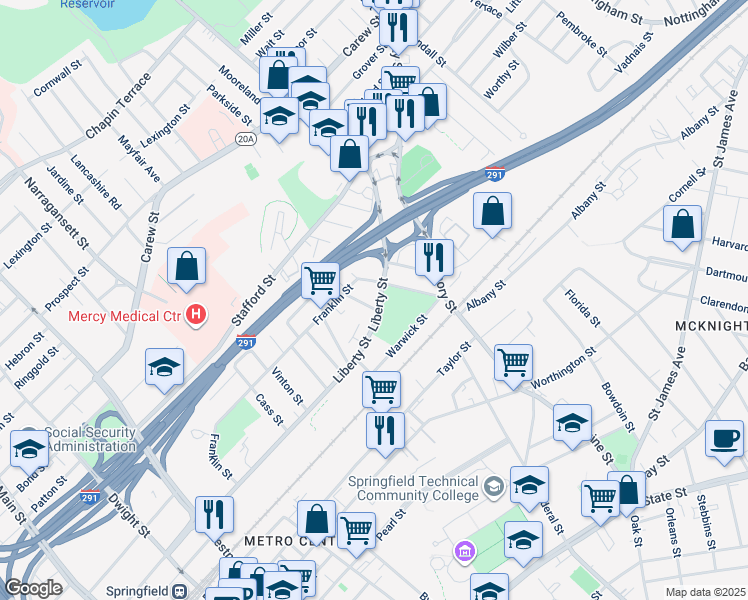 map of restaurants, bars, coffee shops, grocery stores, and more near 469 Liberty Street in Springfield