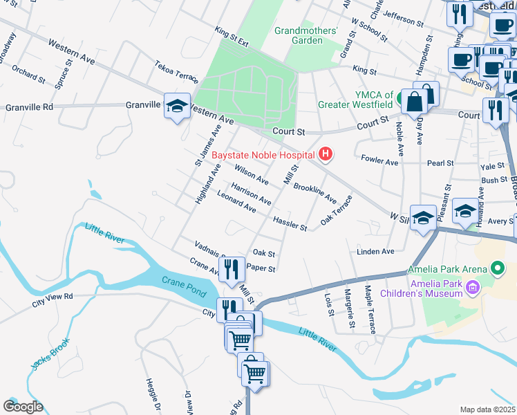 map of restaurants, bars, coffee shops, grocery stores, and more near 41 Mill Street in Westfield