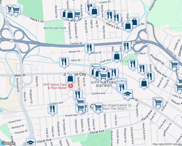 map of restaurants, bars, coffee shops, grocery stores, and more near 255 Main Street in Johnson City