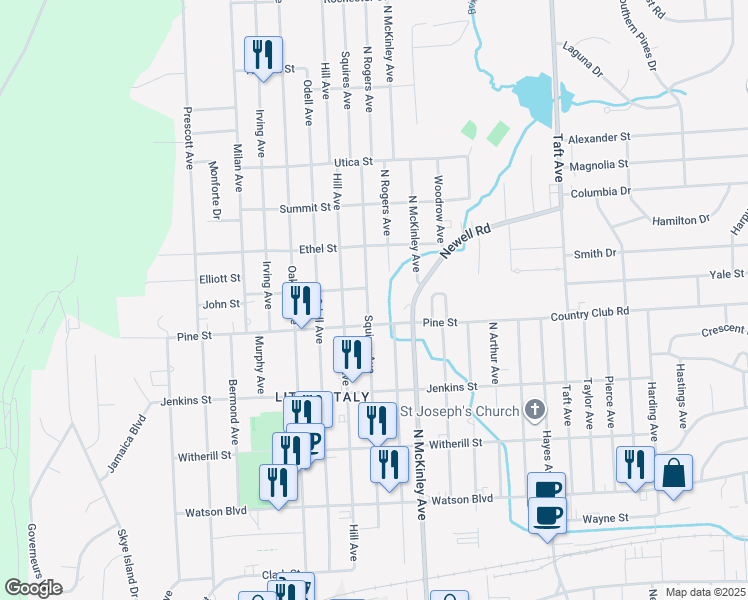 map of restaurants, bars, coffee shops, grocery stores, and more near 406 Squires Avenue in Endicott