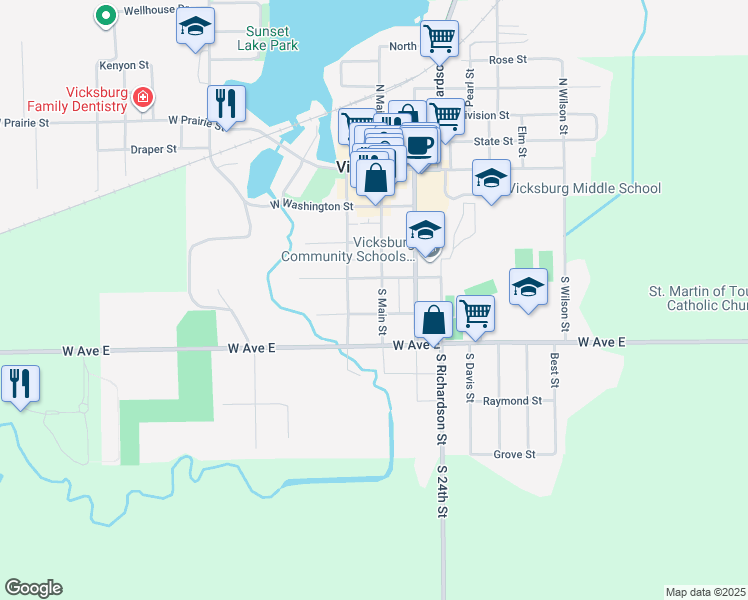 map of restaurants, bars, coffee shops, grocery stores, and more near 118 West South Street in Vicksburg