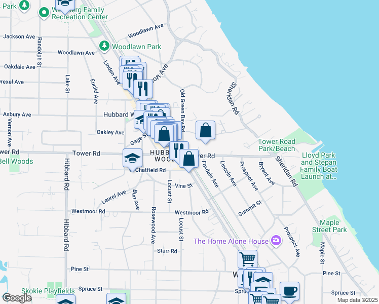 map of restaurants, bars, coffee shops, grocery stores, and more near 1000 Tower Road in Winnetka