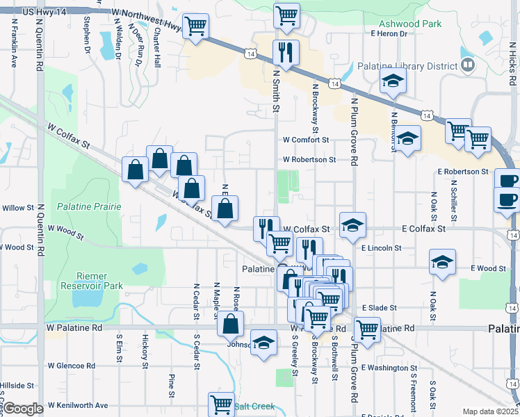 map of restaurants, bars, coffee shops, grocery stores, and more near 250 North Carter Street in Palatine