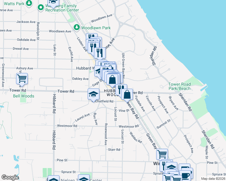 map of restaurants, bars, coffee shops, grocery stores, and more near 888 Green Bay Road in Winnetka
