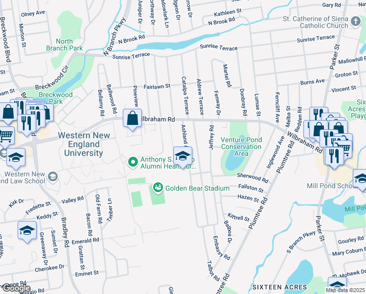 map of restaurants, bars, coffee shops, grocery stores, and more near 81 Jonquil Drive in Springfield