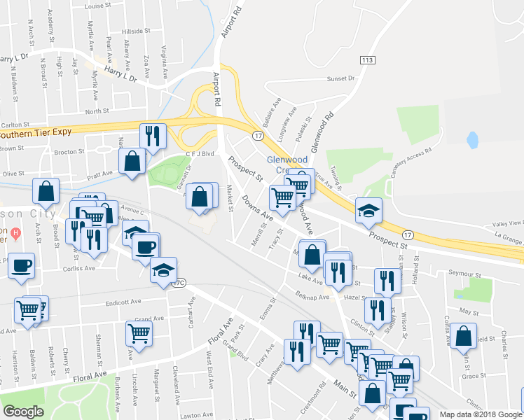 map of restaurants, bars, coffee shops, grocery stores, and more near 34 Downs Avenue in Binghamton