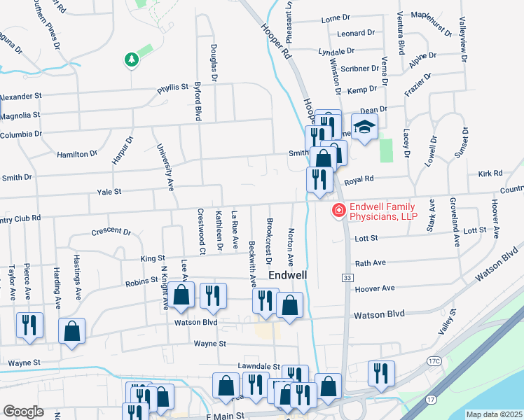 map of restaurants, bars, coffee shops, grocery stores, and more near 414 Beckwith Avenue in Endicott
