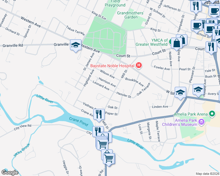 map of restaurants, bars, coffee shops, grocery stores, and more near 41 Mill Street in Westfield