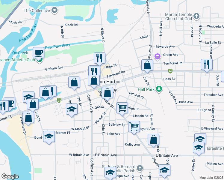 map of restaurants, bars, coffee shops, grocery stores, and more near 213 East Wall Street in Benton Harbor