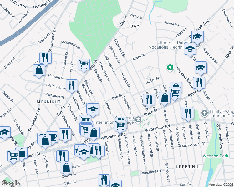 map of restaurants, bars, coffee shops, grocery stores, and more near 57 Mapledell Street in Springfield