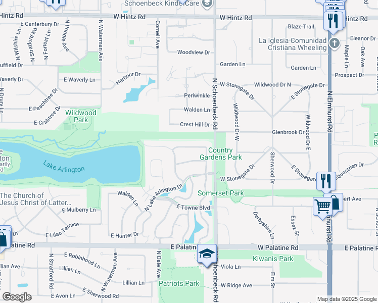 map of restaurants, bars, coffee shops, grocery stores, and more near 2870 East Country Lake Road in Arlington Heights