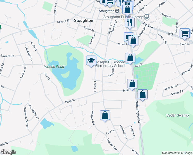 map of restaurants, bars, coffee shops, grocery stores, and more near 41 Kenneth Court in Stoughton