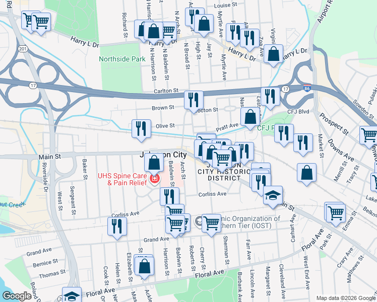 map of restaurants, bars, coffee shops, grocery stores, and more near 11 Arch Street in Johnson City