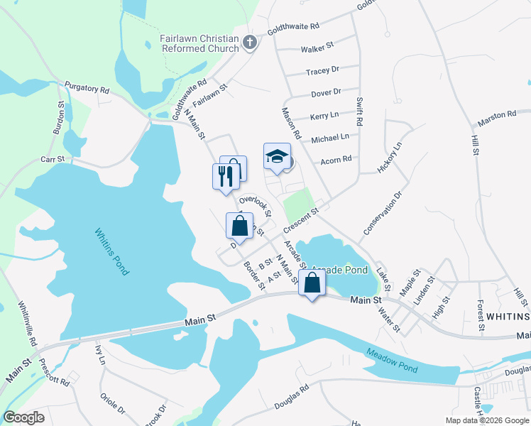map of restaurants, bars, coffee shops, grocery stores, and more near 11 Overlook Street in Northbridge