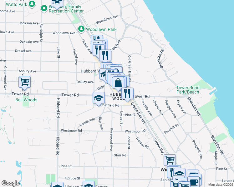 map of restaurants, bars, coffee shops, grocery stores, and more near 894 Green Bay Road in Winnetka