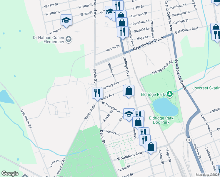 map of restaurants, bars, coffee shops, grocery stores, and more near 230 Crete Avenue in Elmira