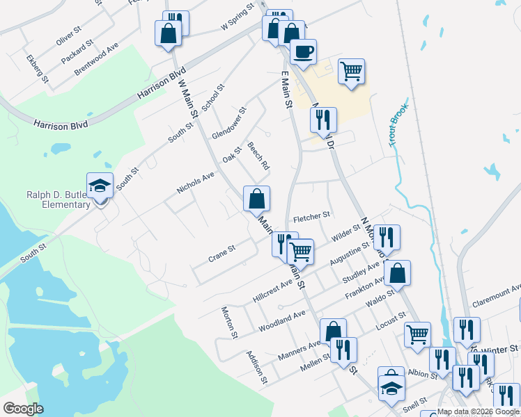 map of restaurants, bars, coffee shops, grocery stores, and more near 6 Bows Lane in Avon