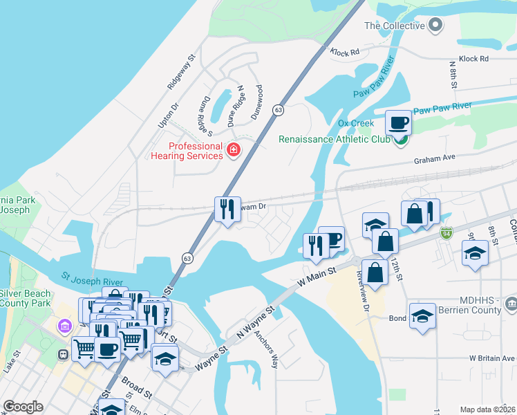 map of restaurants, bars, coffee shops, grocery stores, and more near 230 Cavelier Avenue in St. Joseph