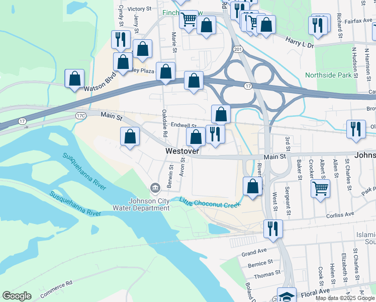 map of restaurants, bars, coffee shops, grocery stores, and more near 3 Frederick Street in Johnson City