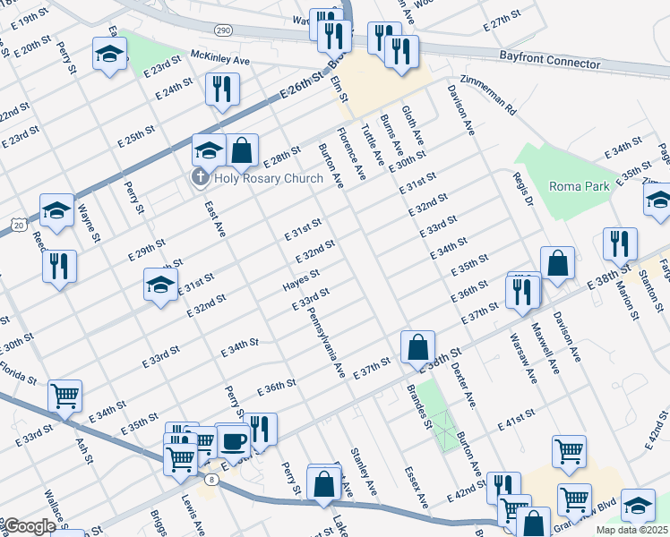 map of restaurants, bars, coffee shops, grocery stores, and more near 1147 Hayes Street in Erie