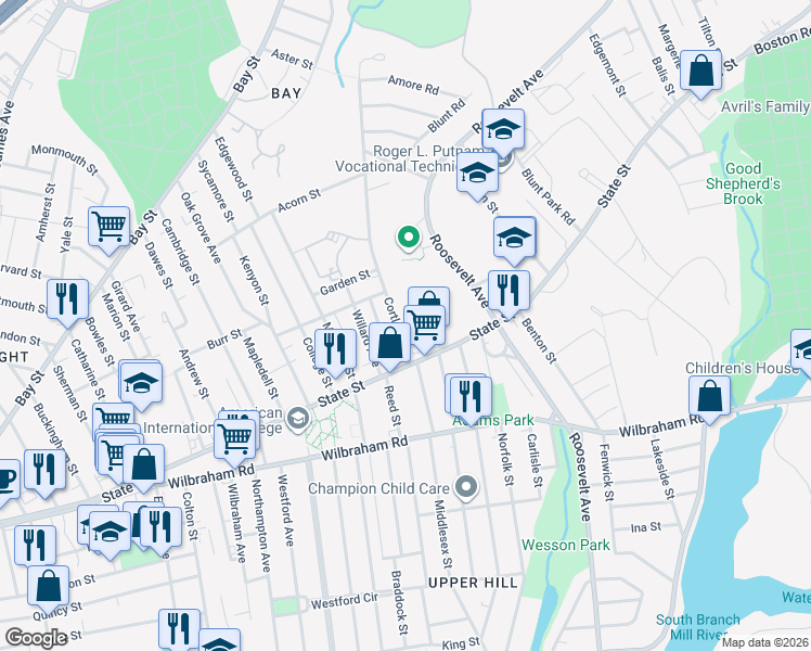 map of restaurants, bars, coffee shops, grocery stores, and more near 1142 State Street in Springfield