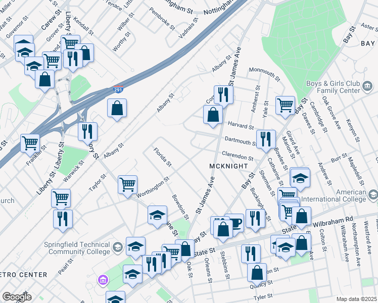 map of restaurants, bars, coffee shops, grocery stores, and more near 1104 Worthington Street in Springfield