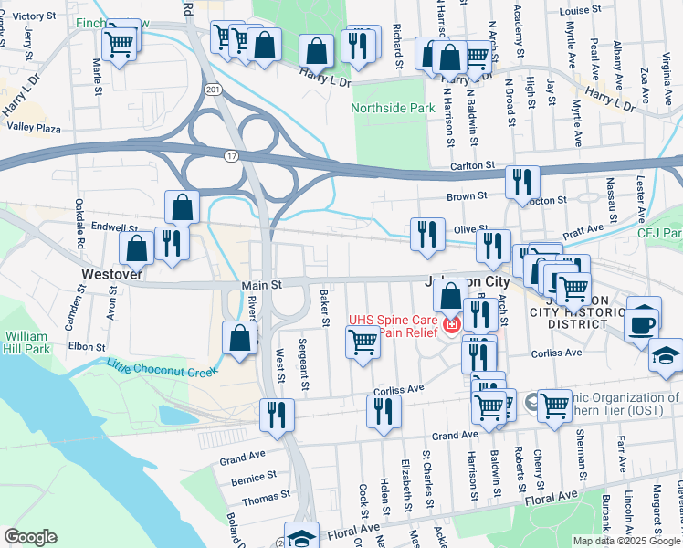 map of restaurants, bars, coffee shops, grocery stores, and more near 460 Main Street in Johnson City