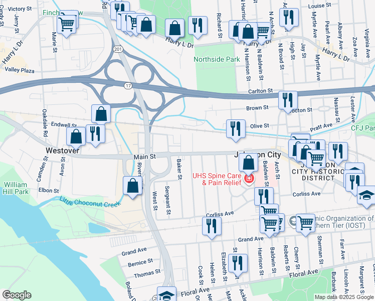 map of restaurants, bars, coffee shops, grocery stores, and more near 460 Main Street in Johnson City