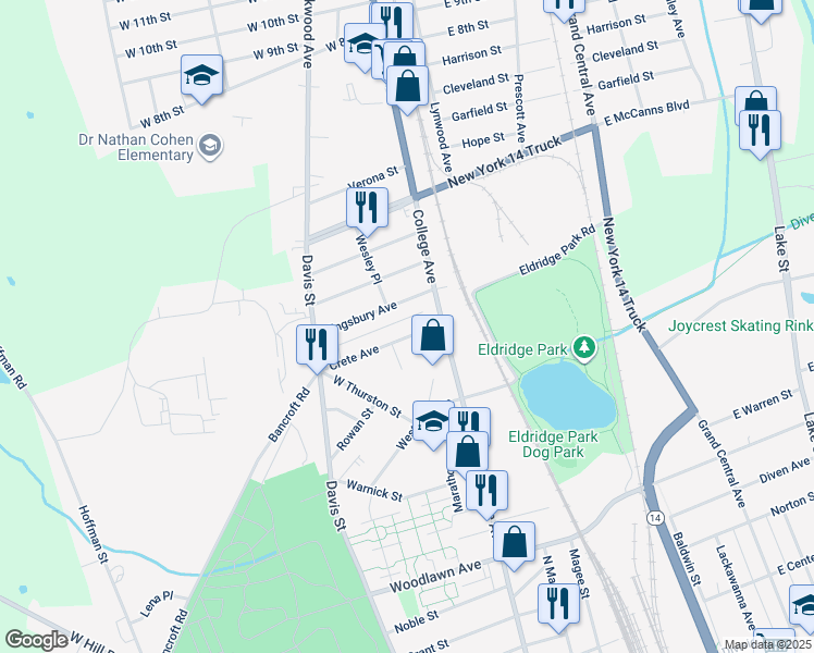 map of restaurants, bars, coffee shops, grocery stores, and more near 218 Crete Avenue in Elmira