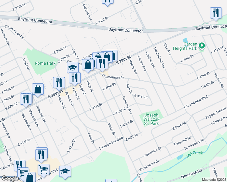 map of restaurants, bars, coffee shops, grocery stores, and more near 4031 Longview Avenue in Erie