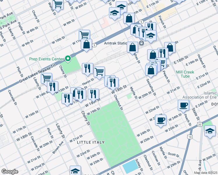 map of restaurants, bars, coffee shops, grocery stores, and more near in Erie