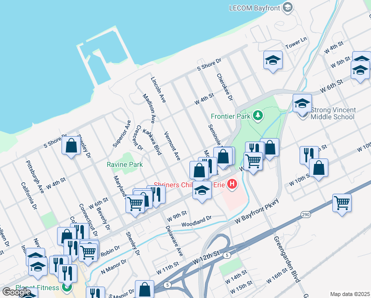 map of restaurants, bars, coffee shops, grocery stores, and more near 1724 West 6th Street in Erie