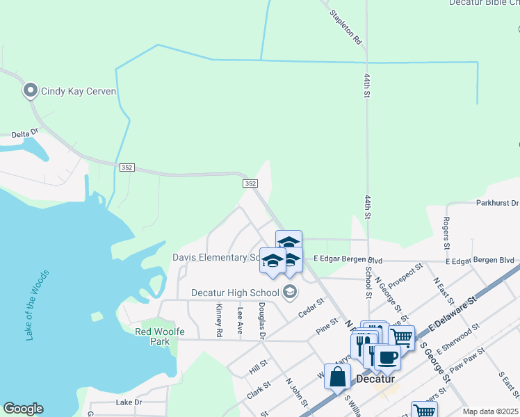 map of restaurants, bars, coffee shops, grocery stores, and more near 605 North Phelps Street in Decatur