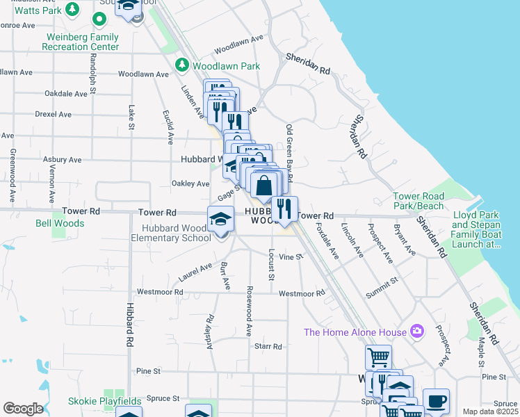 map of restaurants, bars, coffee shops, grocery stores, and more near 894 Green Bay Road in Winnetka