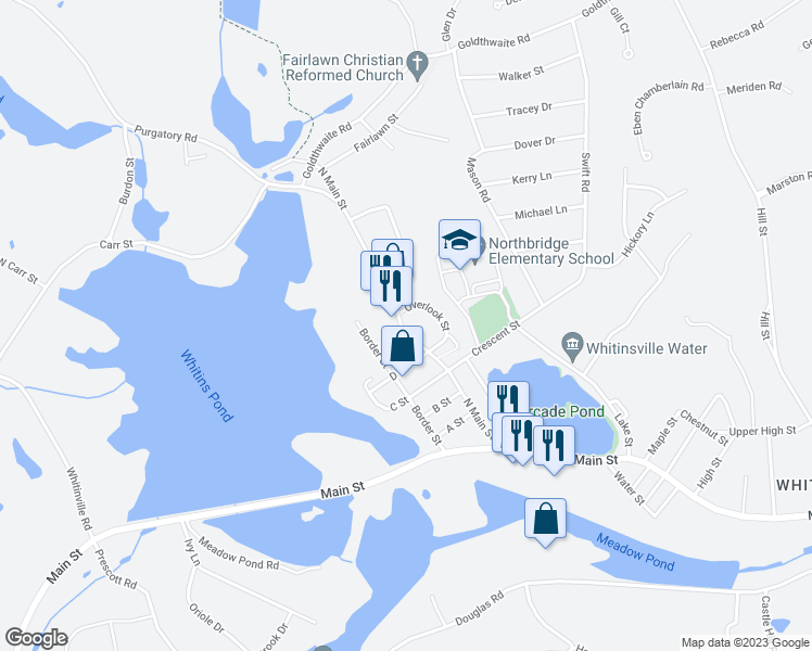 map of restaurants, bars, coffee shops, grocery stores, and more near 172 North Main Street in Northbridge