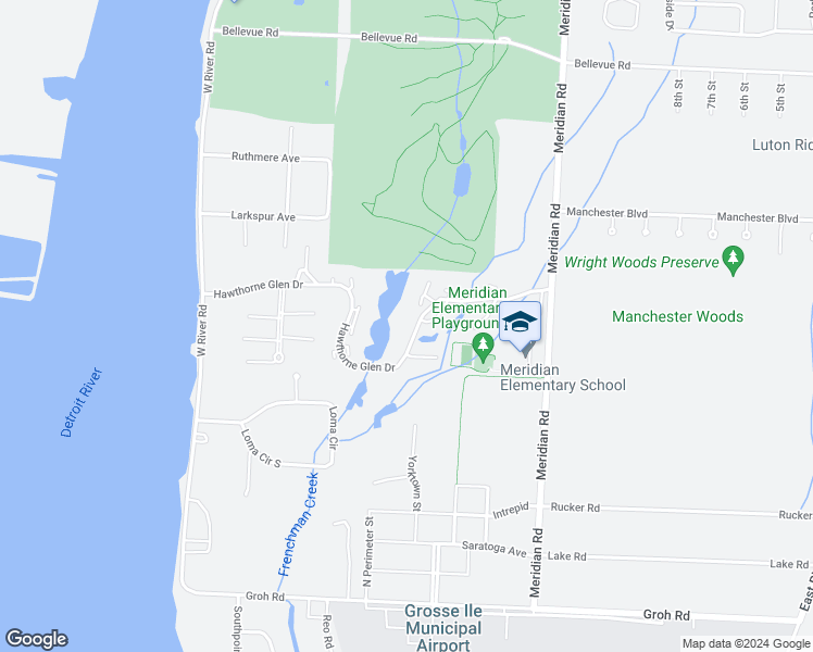 map of restaurants, bars, coffee shops, grocery stores, and more near 9859 Hawthorne Glen Drive in Grosse Ile Township