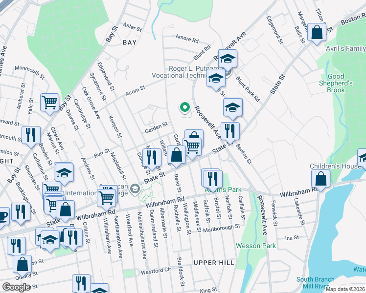 map of restaurants, bars, coffee shops, grocery stores, and more near 1142 State Street in Springfield