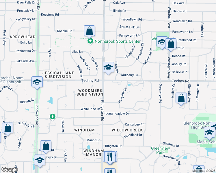 map of restaurants, bars, coffee shops, grocery stores, and more near 2755 Techny Road in Northbrook