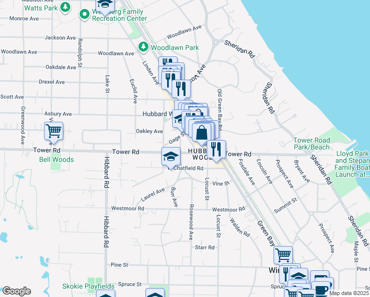 map of restaurants, bars, coffee shops, grocery stores, and more near 894 Green Bay Road in Winnetka