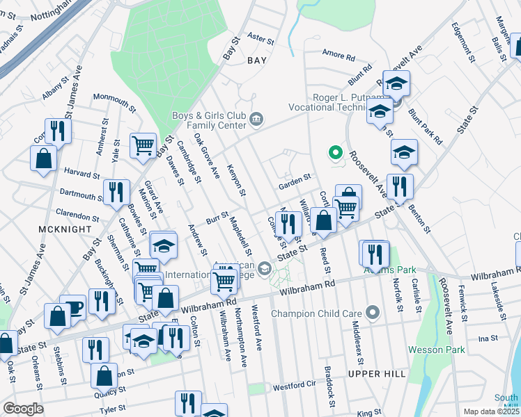 map of restaurants, bars, coffee shops, grocery stores, and more near 146 College Street in Springfield