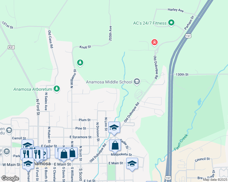 map of restaurants, bars, coffee shops, grocery stores, and more near Dakota Ct in Anamosa