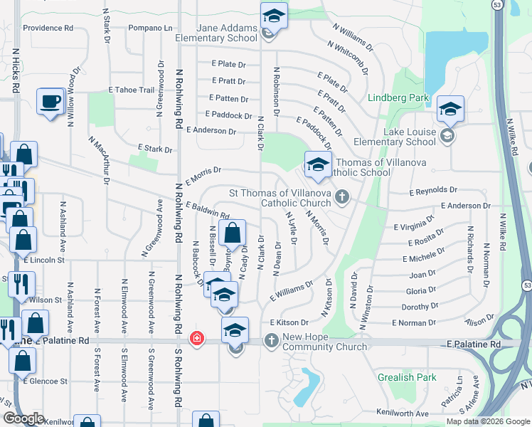 map of restaurants, bars, coffee shops, grocery stores, and more near 1012 East Dean Drive in Palatine
