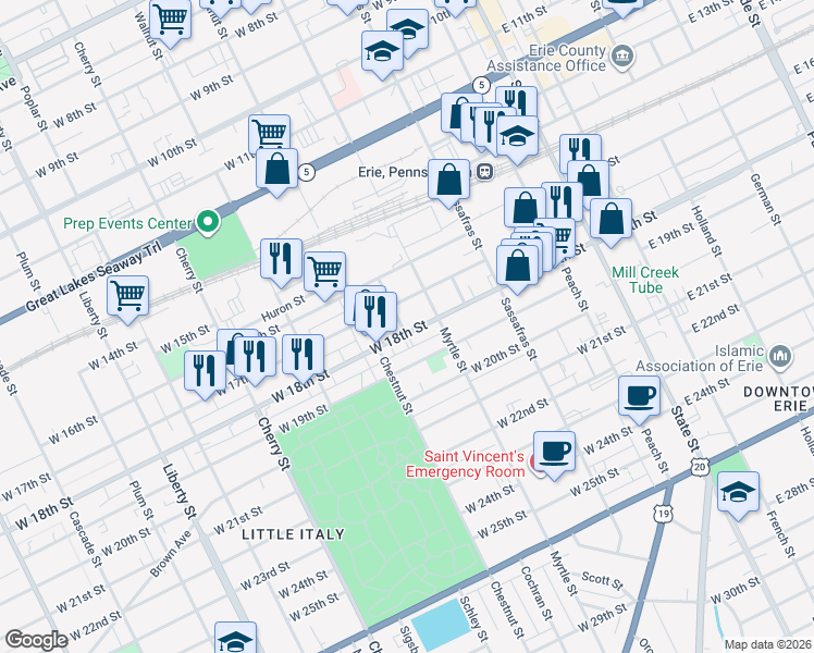 map of restaurants, bars, coffee shops, grocery stores, and more near 332 West 18th Street in Erie