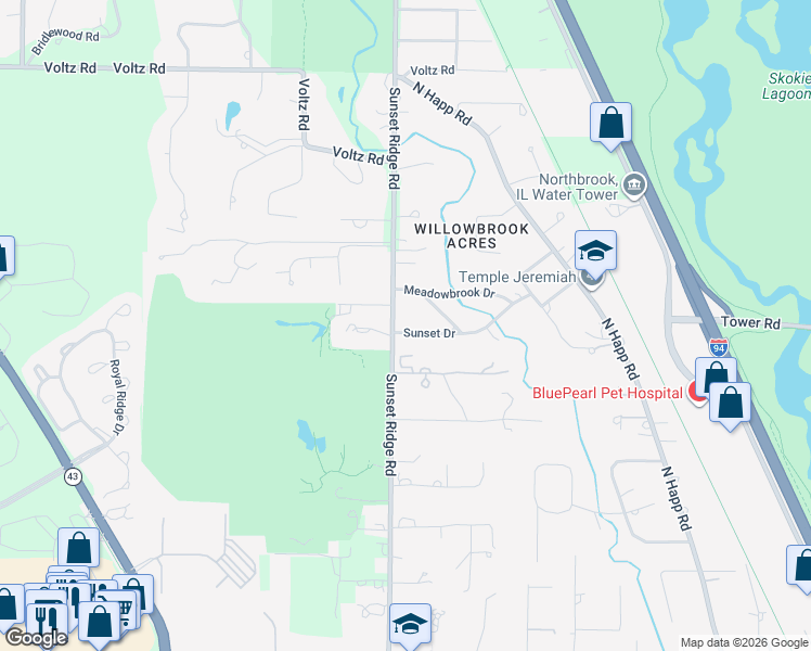 map of restaurants, bars, coffee shops, grocery stores, and more near 390 Sunset Drive in Northfield