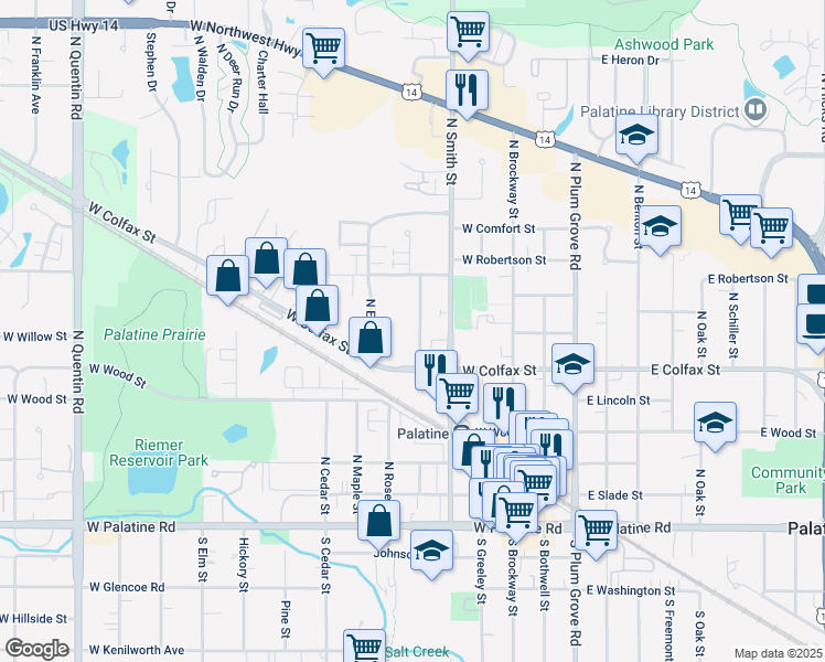 map of restaurants, bars, coffee shops, grocery stores, and more near 268 North Carter Street in Palatine